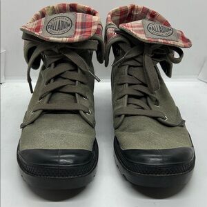 Palladium Baggy Olive Canvas w Red Plaid Fold Over Lace-Up Boots - Men’s  Size 9